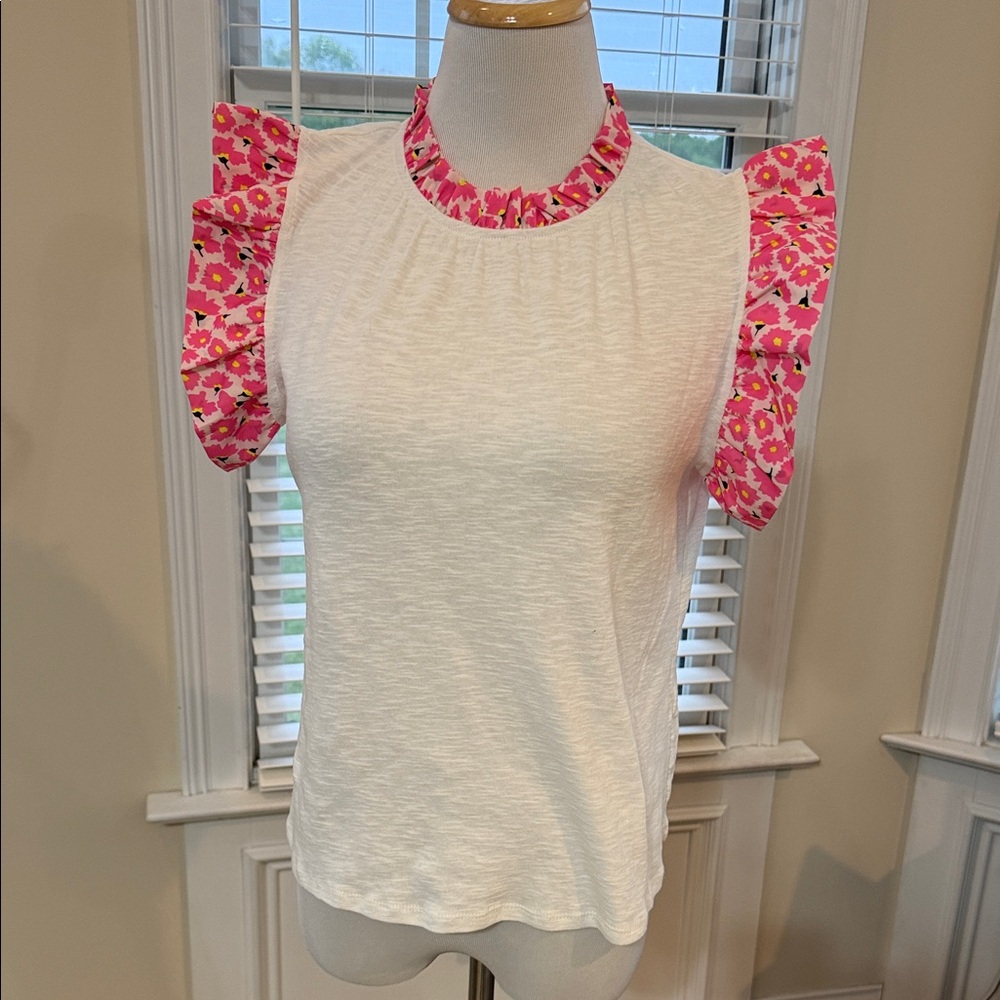 THML White Tank Top with Pink Floral Ruffle Trim